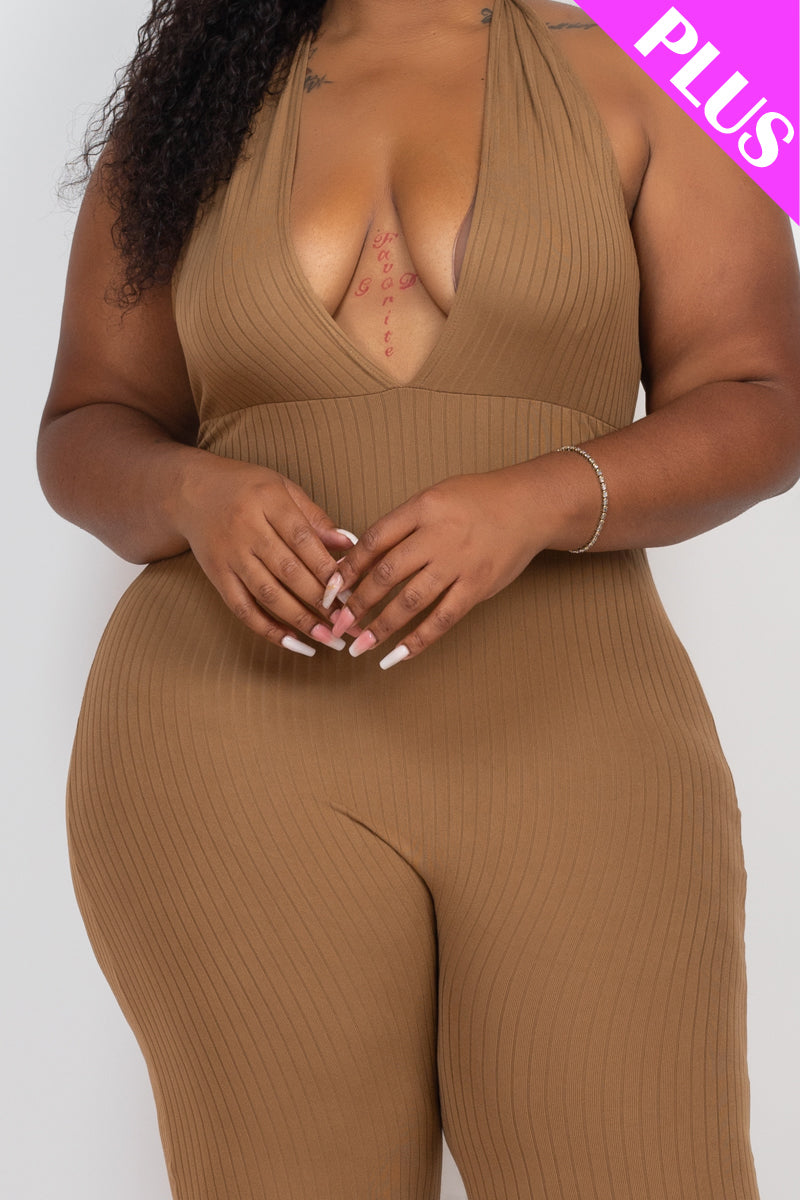 Plus Size Halter V Neck Ribbed Bodycon Jumpsuit