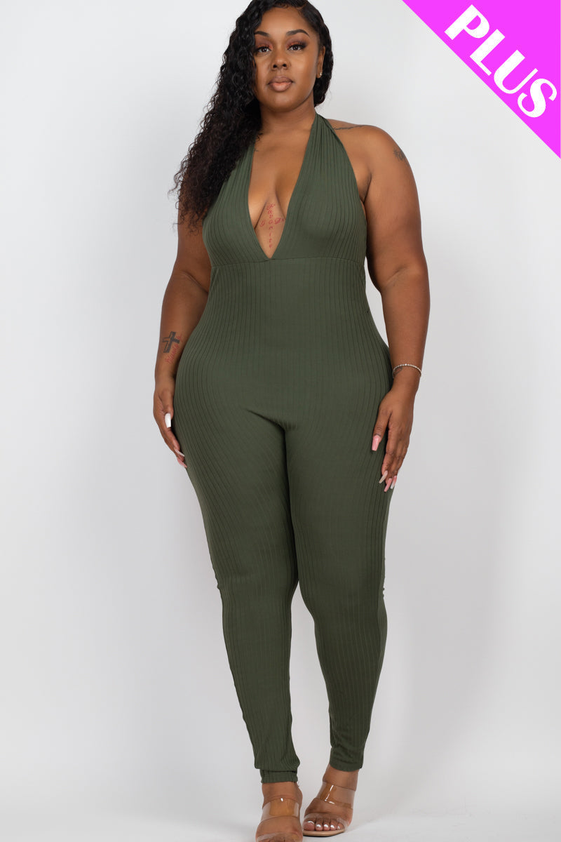 Plus Size Halter V Neck Ribbed Bodycon Jumpsuit