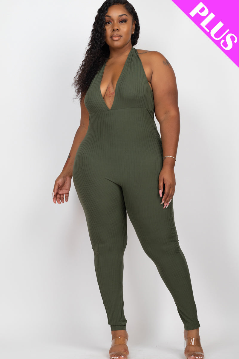 Plus Size Halter V Neck Ribbed Bodycon Jumpsuit