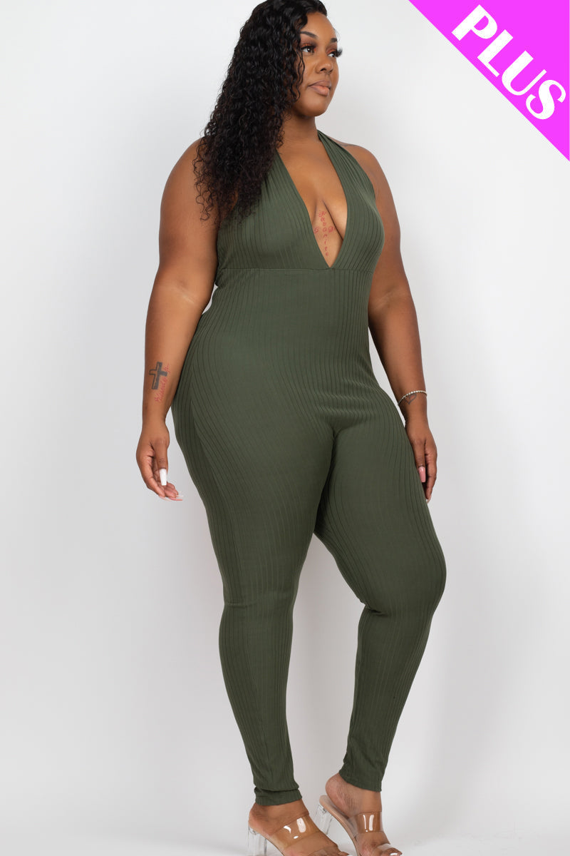 Plus Size Halter V Neck Ribbed Bodycon Jumpsuit