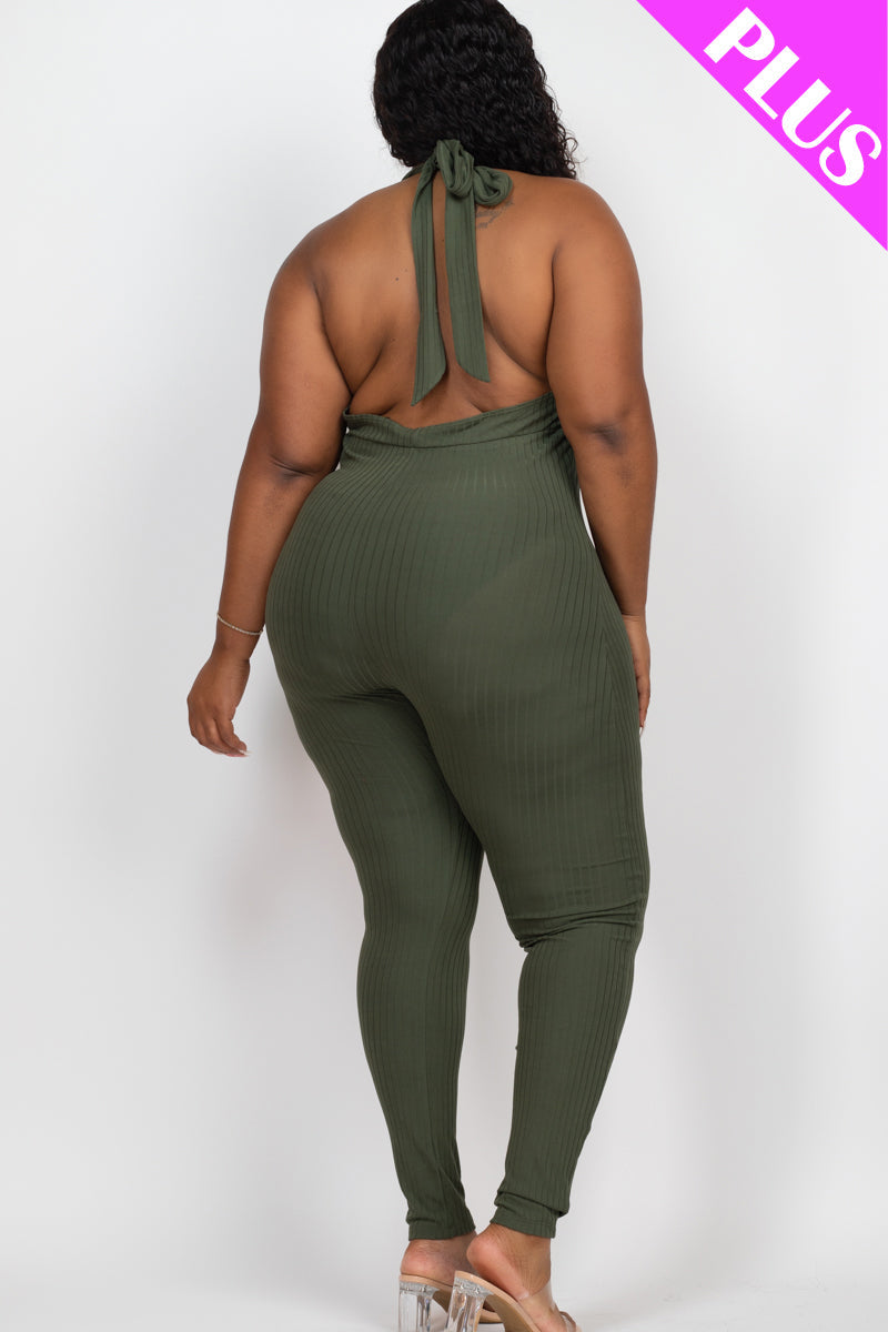 Plus Size Halter V Neck Ribbed Bodycon Jumpsuit
