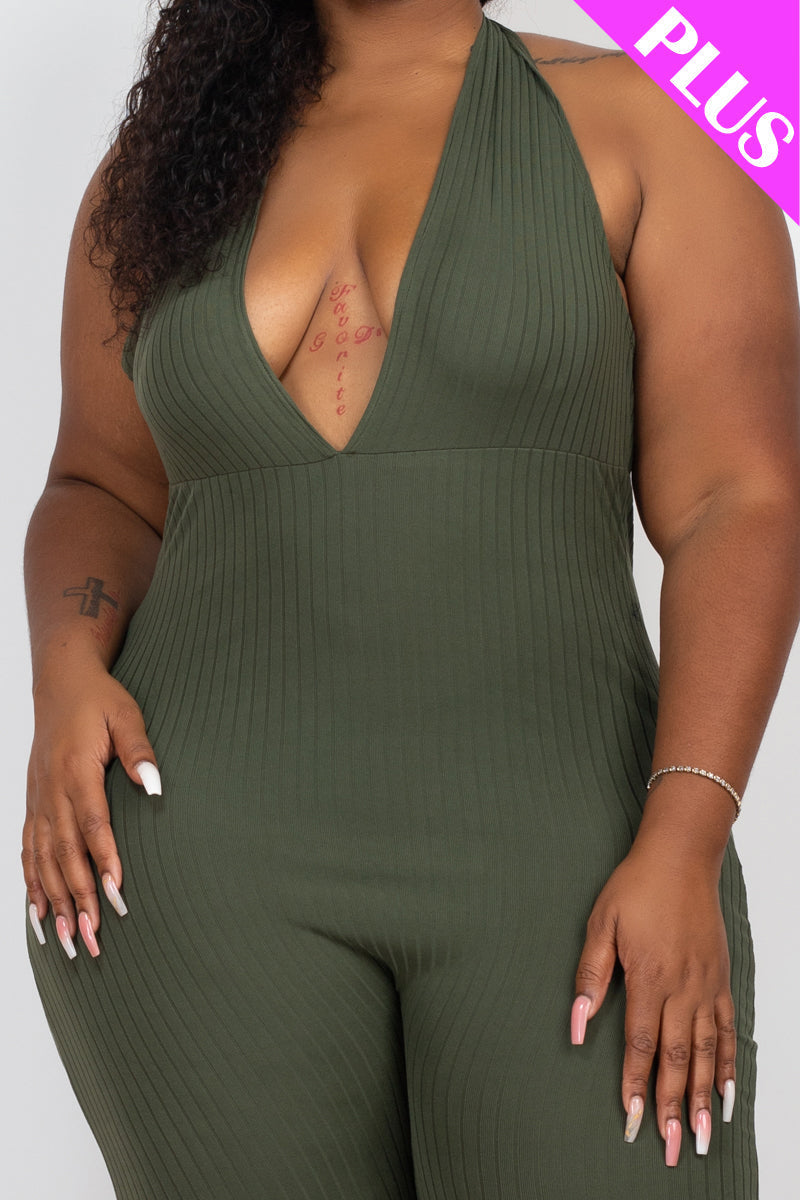Plus Size Halter V Neck Ribbed Bodycon Jumpsuit