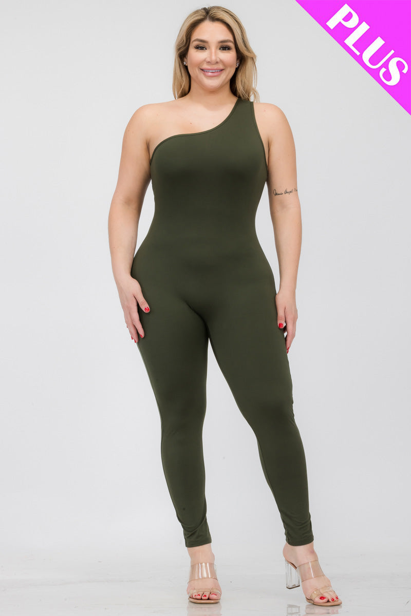 Plus Size Solid Color One Shoulder Jumpsuit