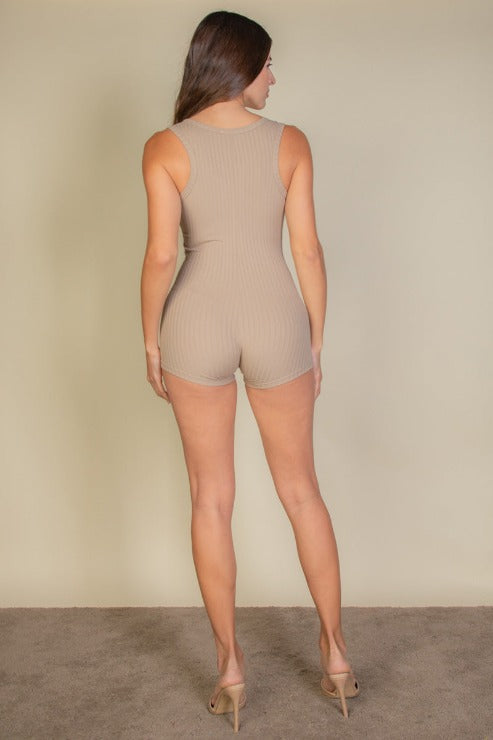 Solid Ribbed Slit Neckline Sleeveless Romper