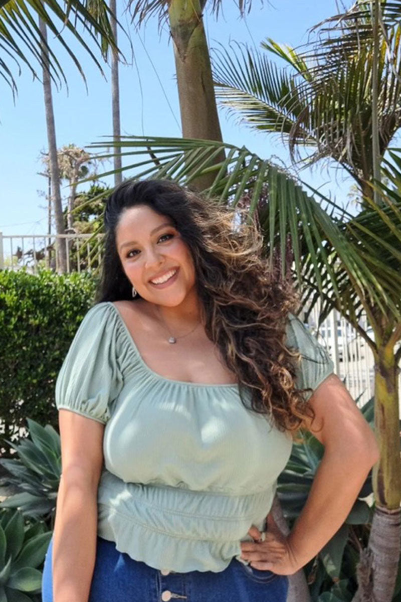 Plus Size Casual Ruched Puff Sleeve Ribbed Knit Solid Top