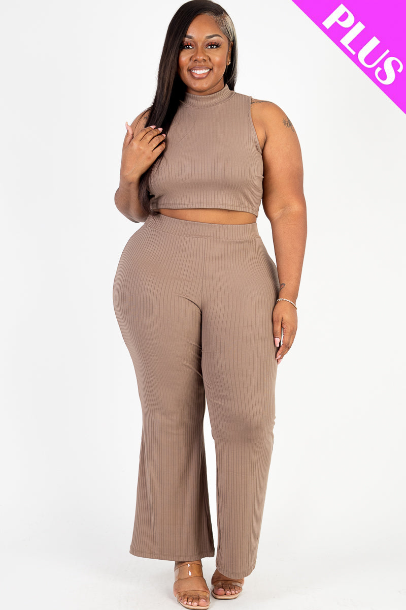 Plus Size Ribbed Mock Neck Crop Tank Top & Bootcut Pants Set