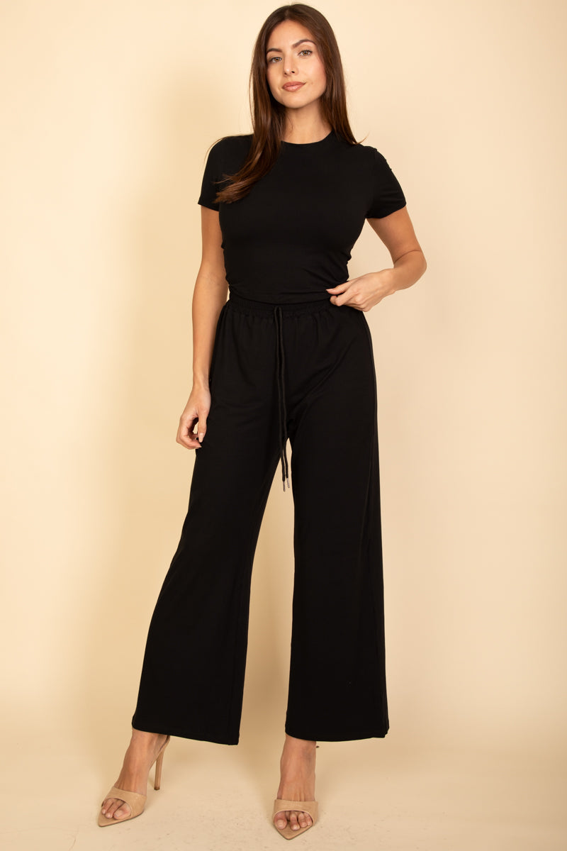 Relaxed Fit Short Sleeve Top and Wide-Leg Casual Pants Set