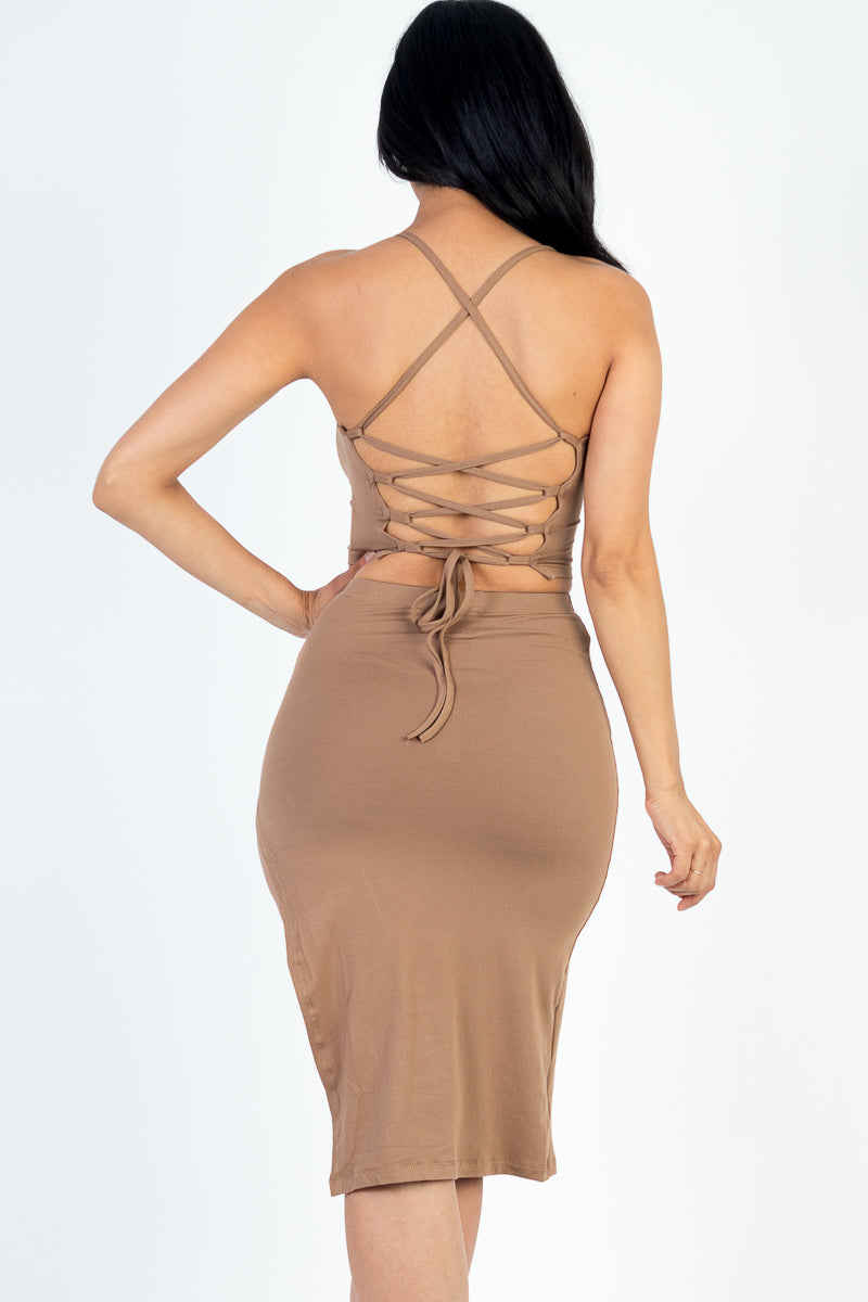 Sexy Solid Color Crisscross Back Cami Crop Top & Split Thigh Midi Skirt Set