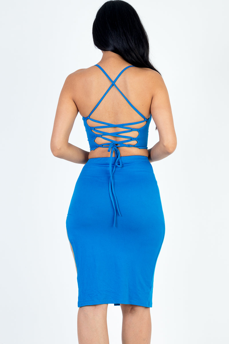 Sexy Solid Color Crisscross Back Cami Crop Top & Split Thigh Midi Skirt Set