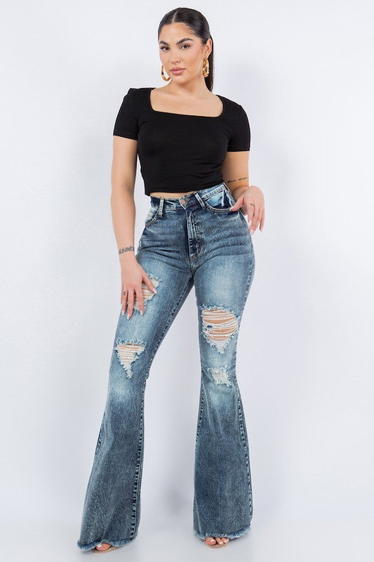 Storm Cloud Thigh Distressed Bell Bottom Jean
