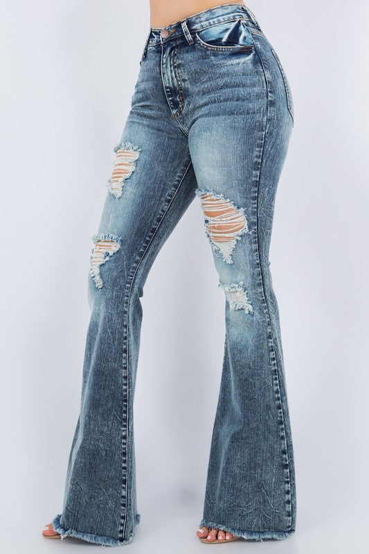 Storm Cloud Thigh Distressed Bell Bottom Jean