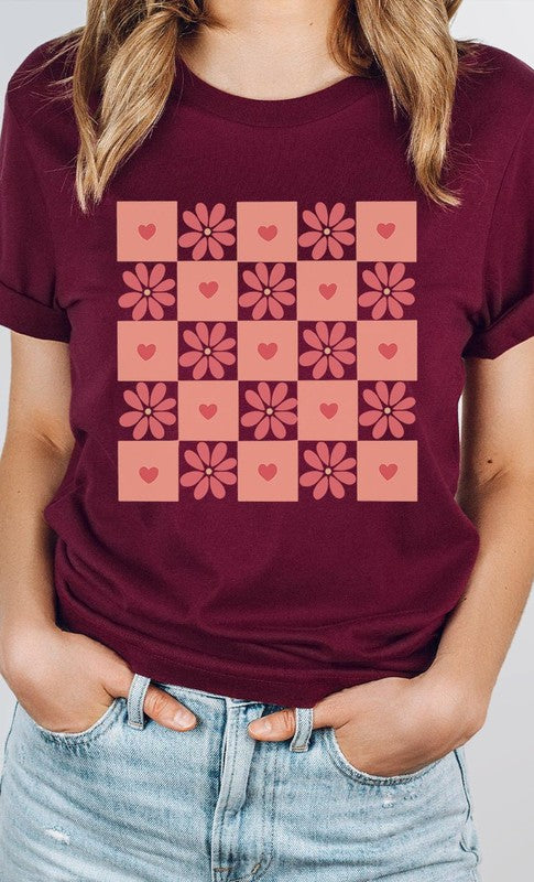 Flower and Heart Checker Print Graphic Tee
