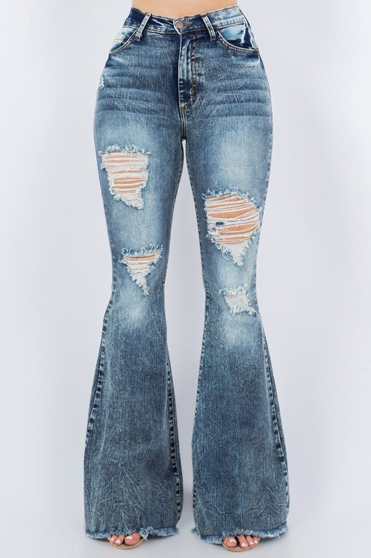 Storm Cloud Thigh Distressed Bell Bottom Jean