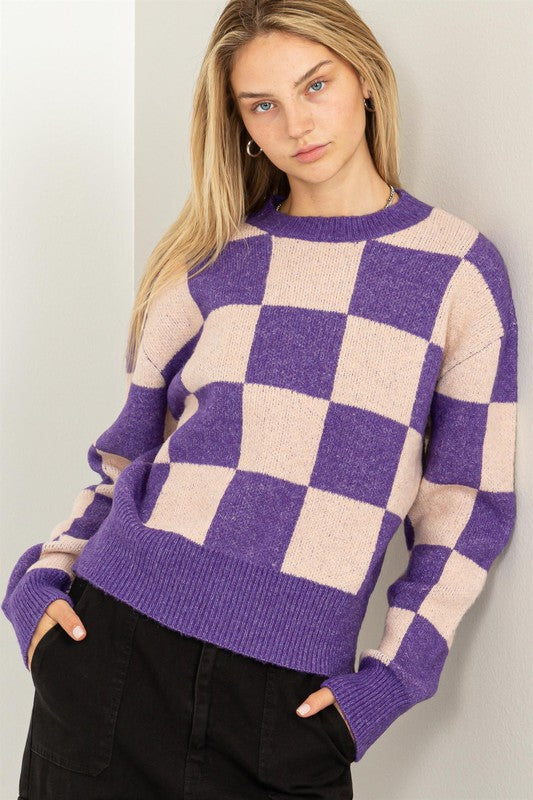Weekend Chills Checkered Board Print Long Sleeve Sweater