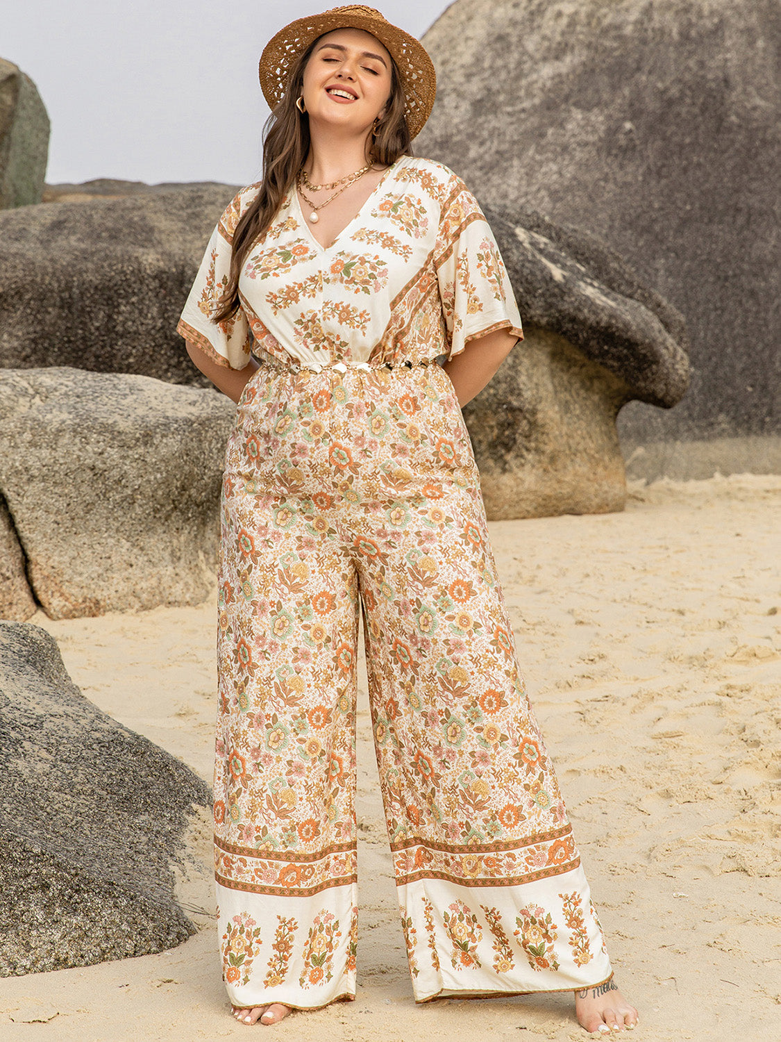 Plus Size V-Neck Flutter Sleeve Wide Leg Floral Print Jumpsuit