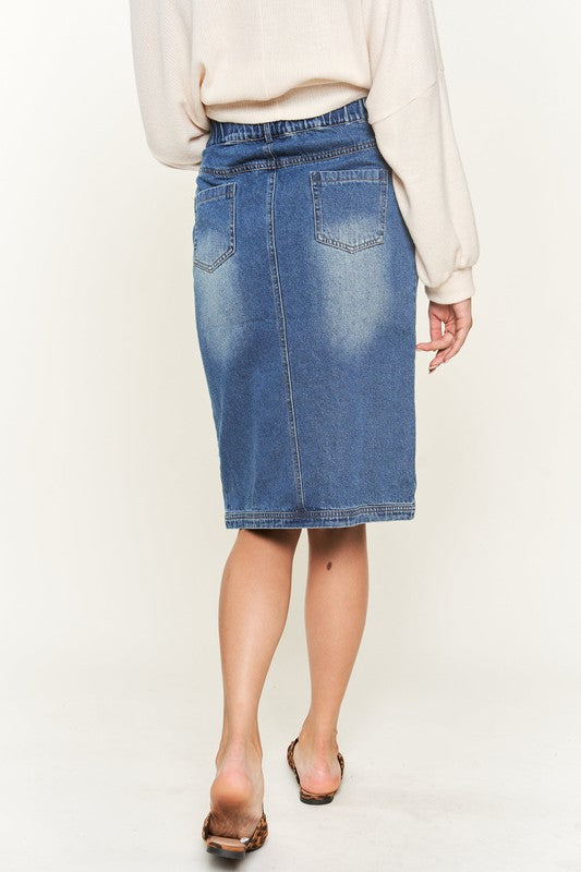 Pleated Denim Knee Length Skirt
