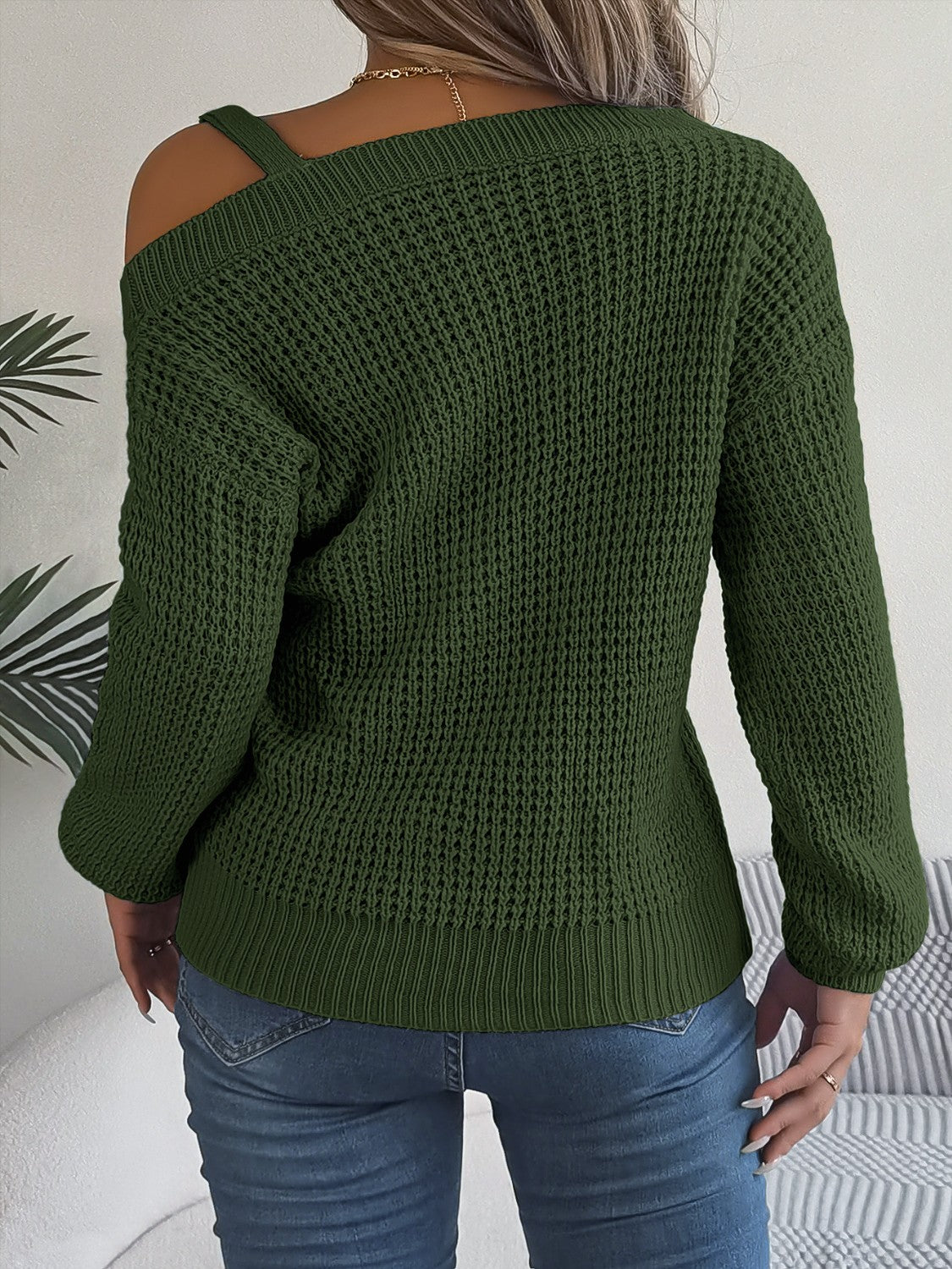 Asymmetrical Neck Long Sleeve One Shoulder Out Sweater