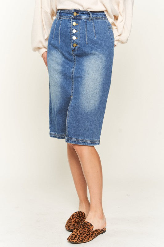 Pleated Denim Knee Length Skirt
