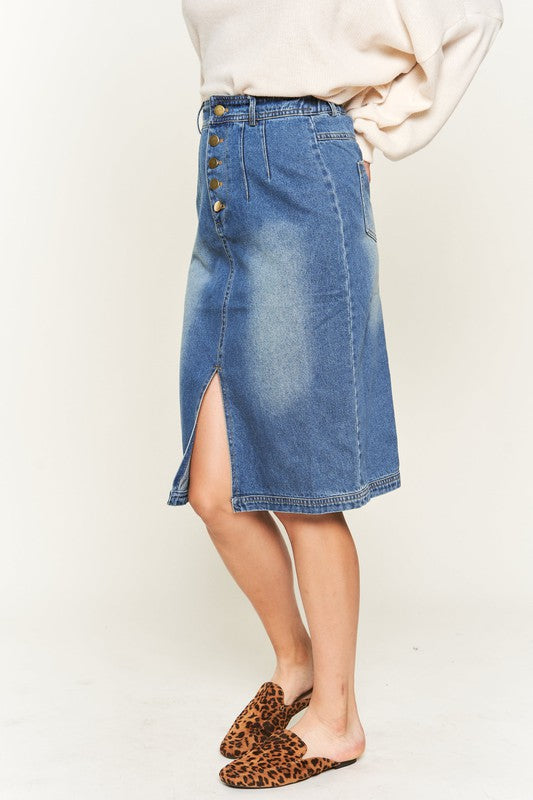 Pleated Denim Knee Length Skirt