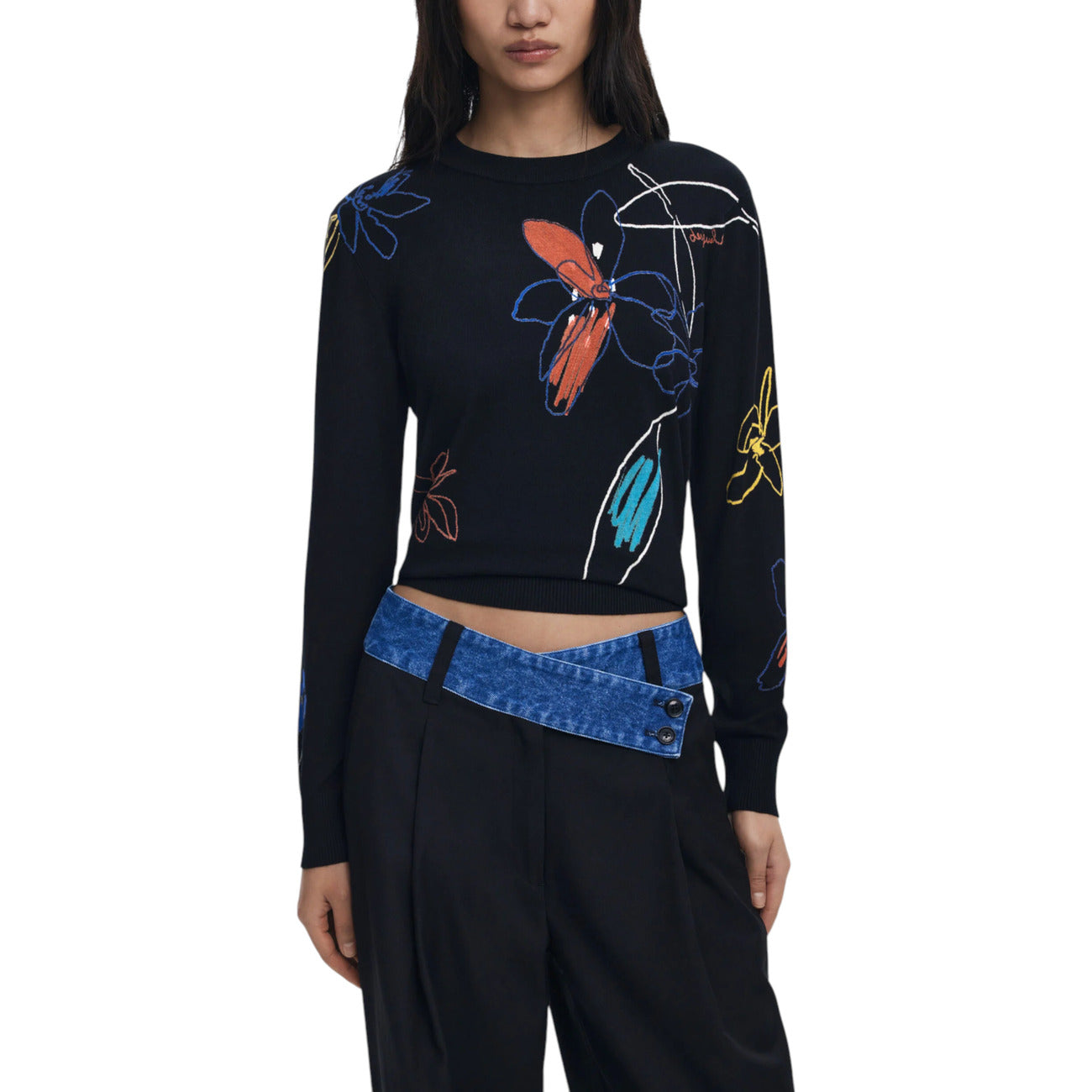 Desigual Women Knitwear Fine Sweater with Floral Strokes