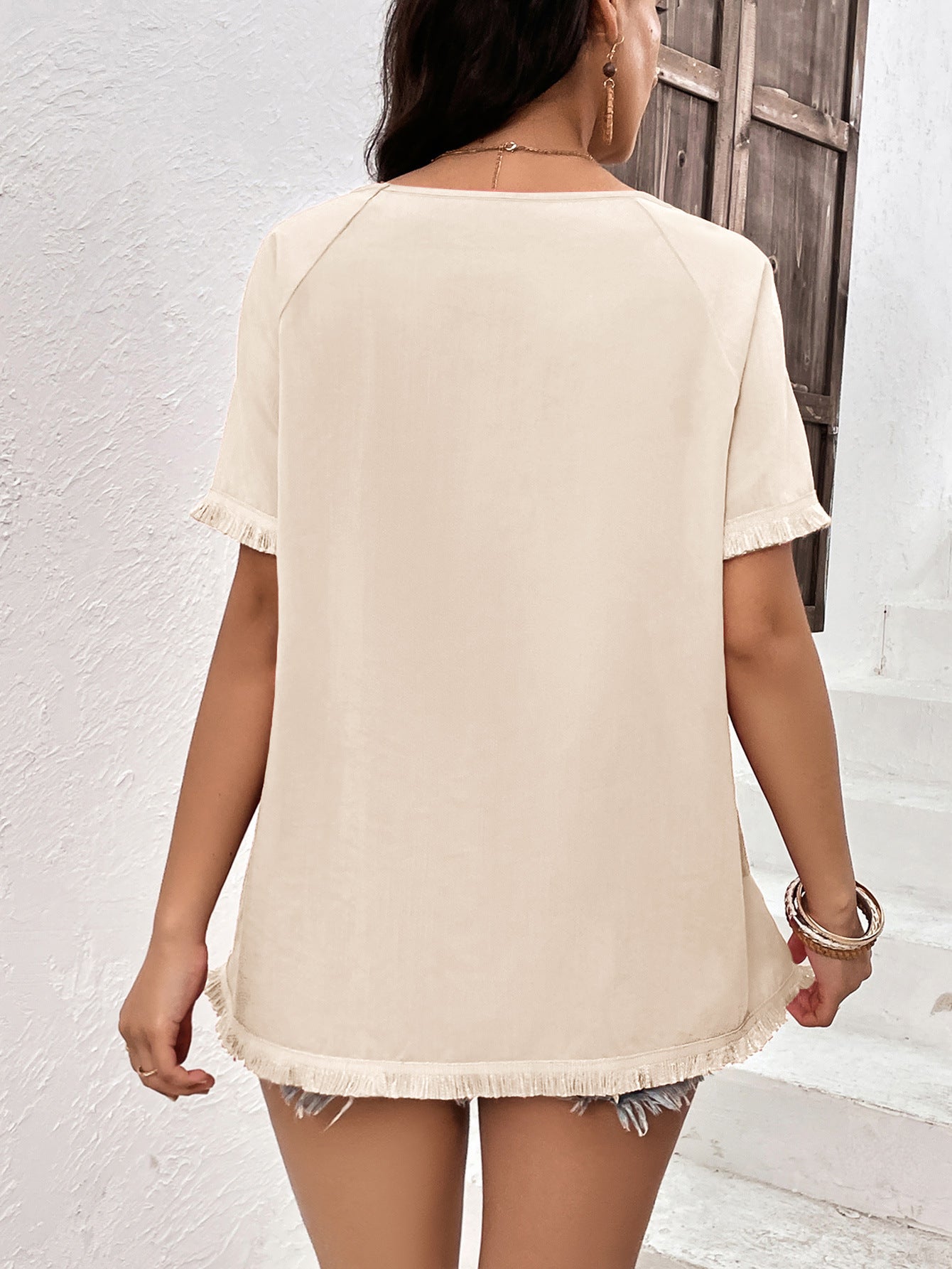 Round Neck Raglan Sleeve Fringe Detail Hem Top