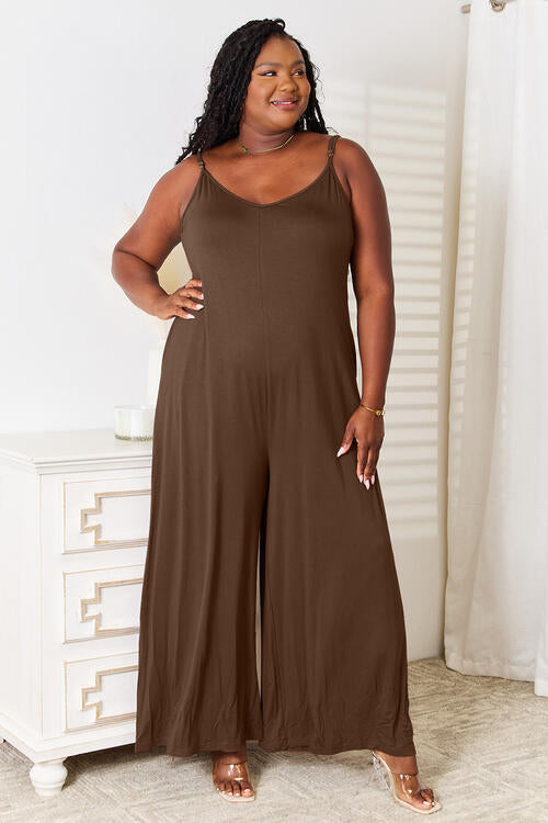 Soft Rayon Spaghetti Strap Wide Leg Jumpsuit With Pockets