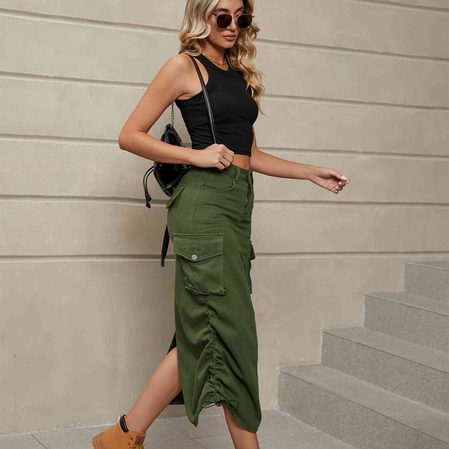 Drawstring Side Ruched Denim Midi Skirt