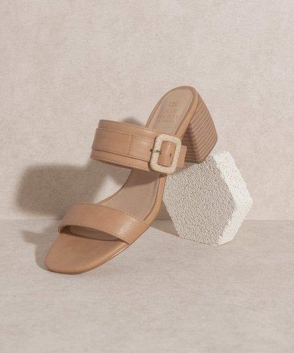 Women Slide Sandal With Side Buckle - Low Block Heels