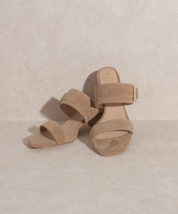 Women Slide Sandal With Side Buckle - Low Block Heels