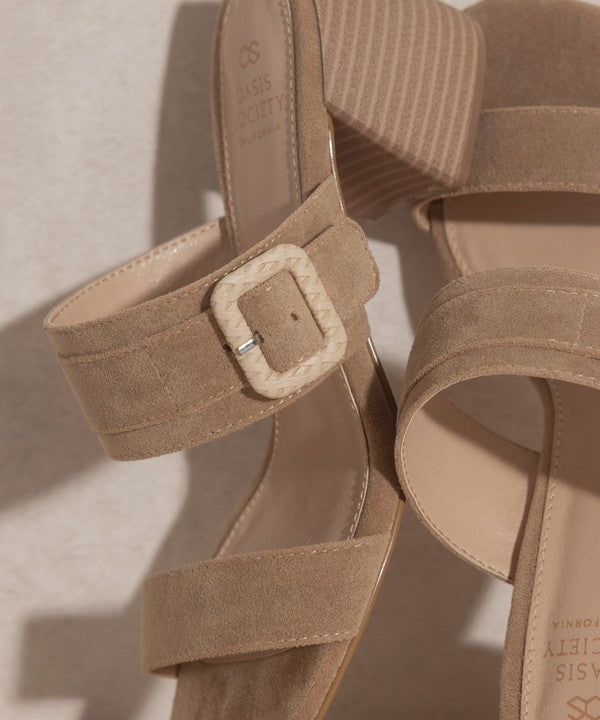 Women Slide Sandal With Side Buckle - Low Block Heels