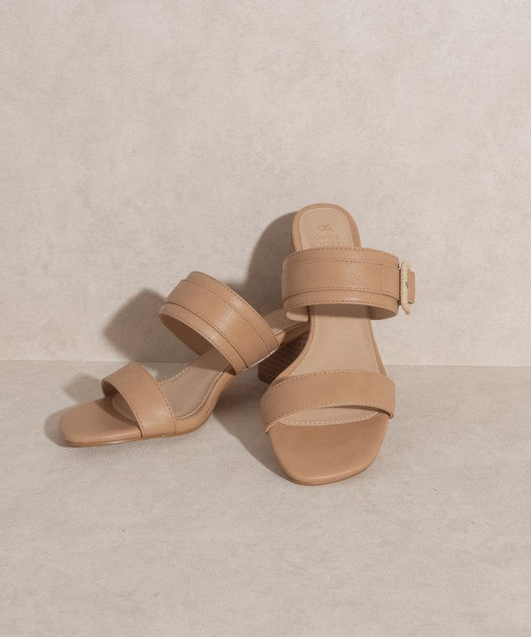 Women Slide Sandal With Side Buckle - Low Block Heels