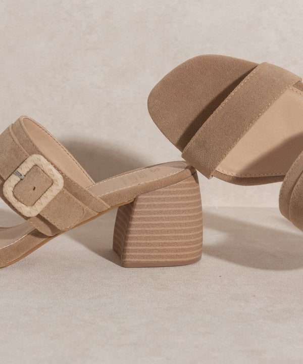 Women Slide Sandal With Side Buckle - Low Block Heels