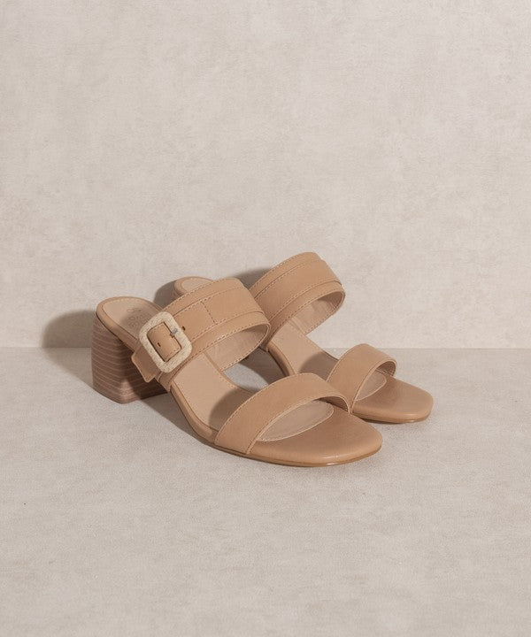 Women Slide Sandal With Side Buckle - Low Block Heels