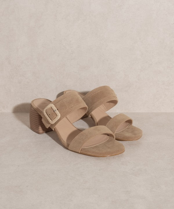 Women Slide Sandal With Side Buckle - Low Block Heels