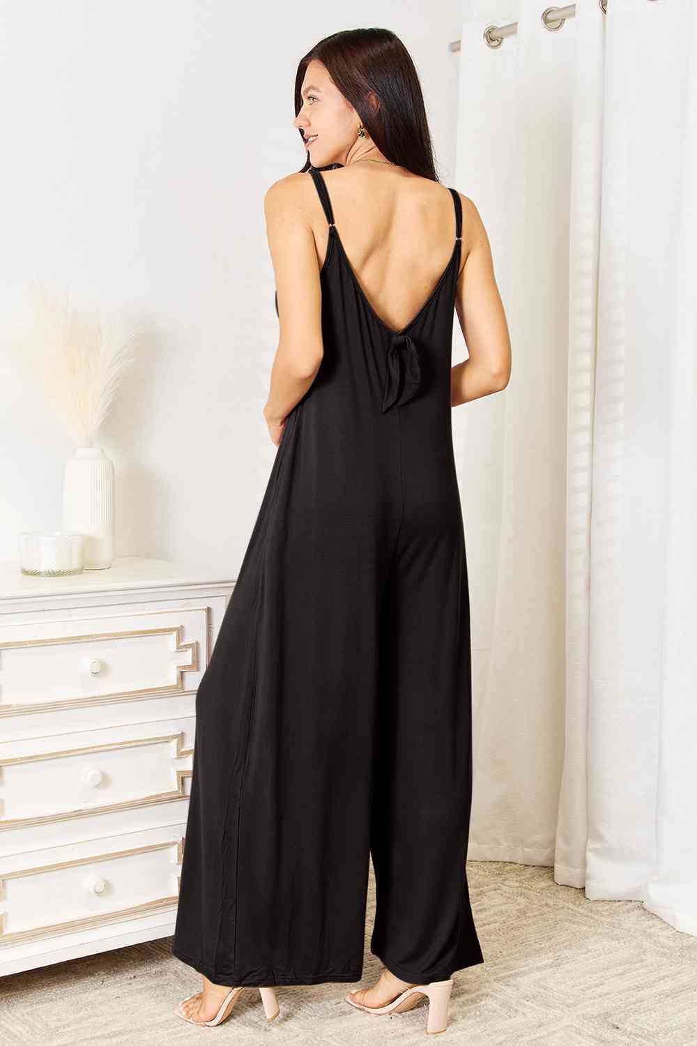 Soft Rayon Spaghetti Strap Wide Leg Jumpsuit With Pockets
