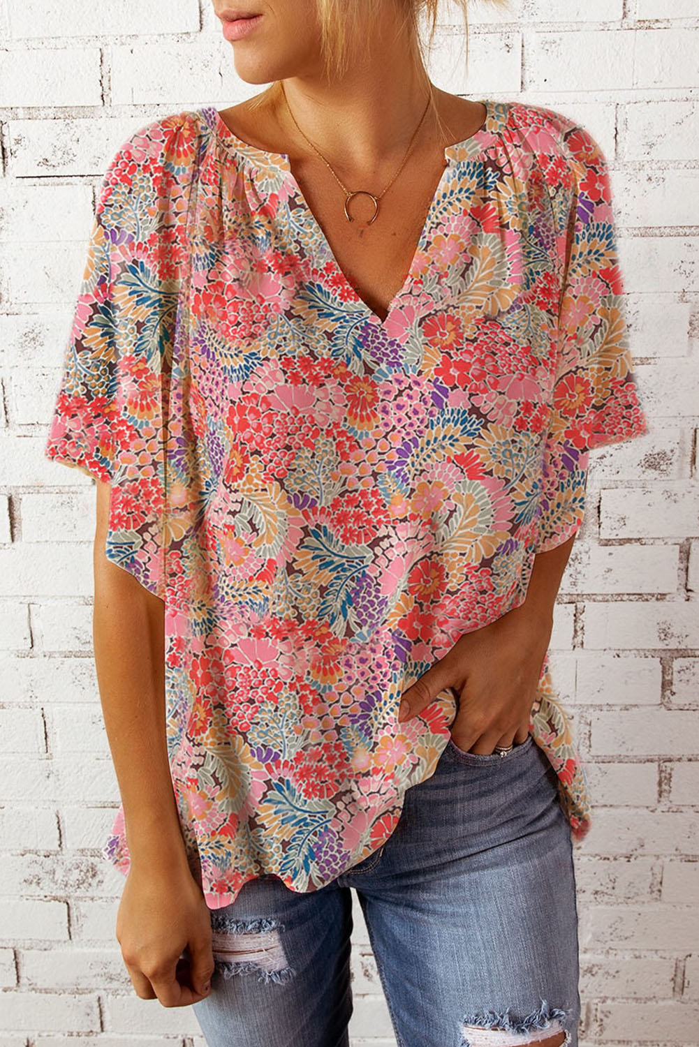 Floral Notched Short Sleeve Blouse