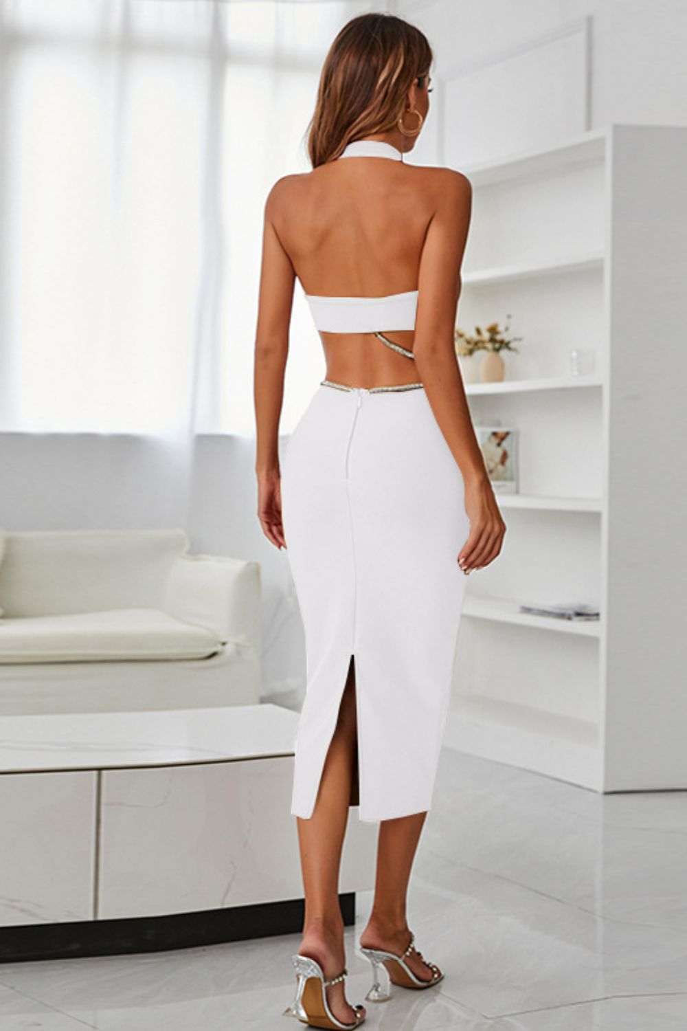 Halter Neck Cutout Slit Midi Dress