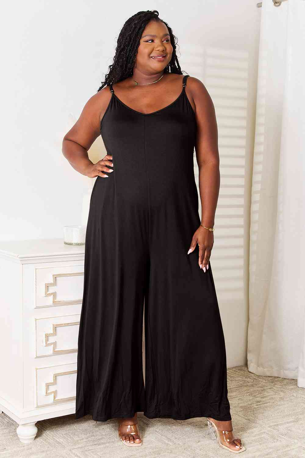 Soft Rayon Spaghetti Strap Wide Leg Jumpsuit With Pockets