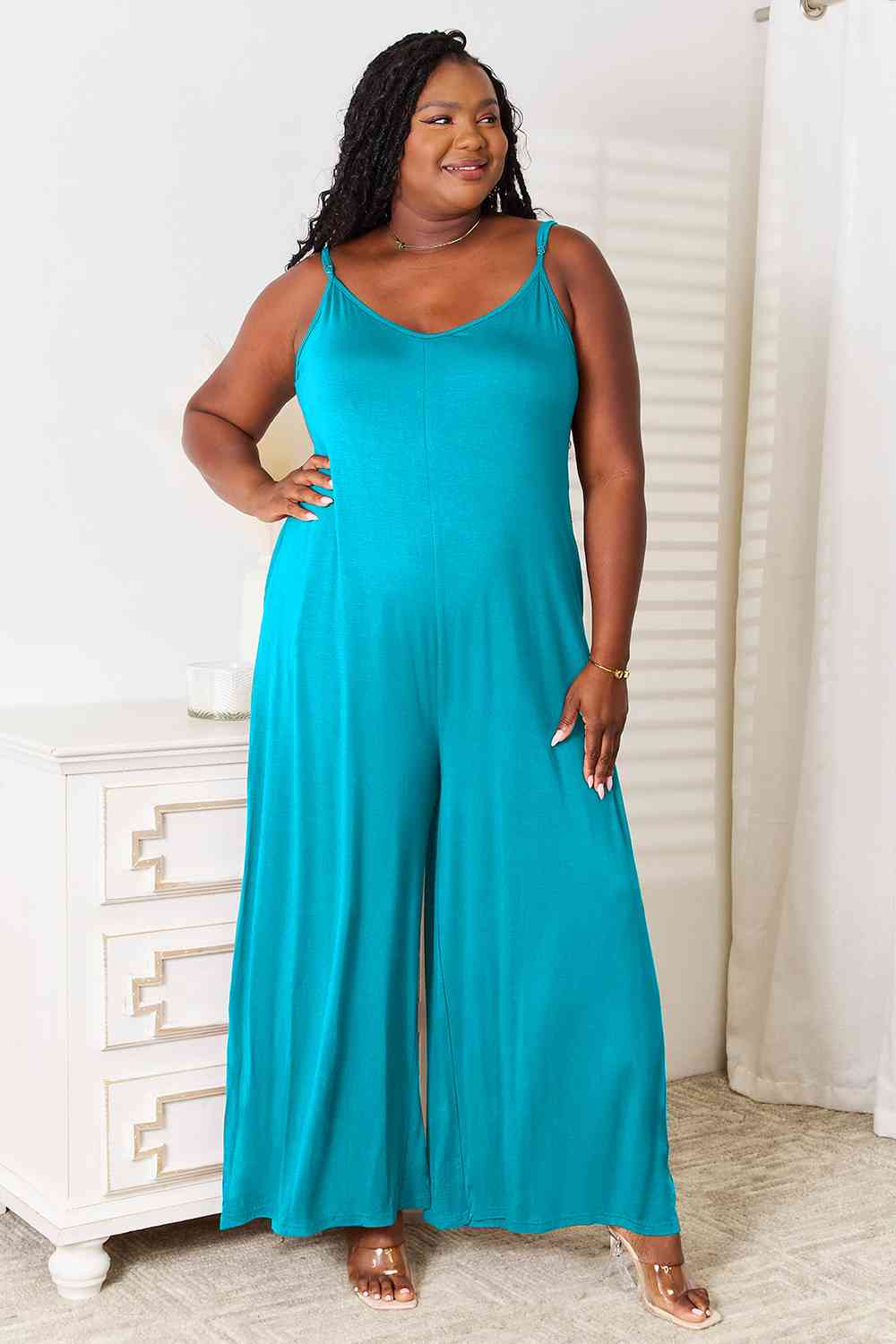 Soft Rayon Spaghetti Strap Wide Leg Jumpsuit With Pockets