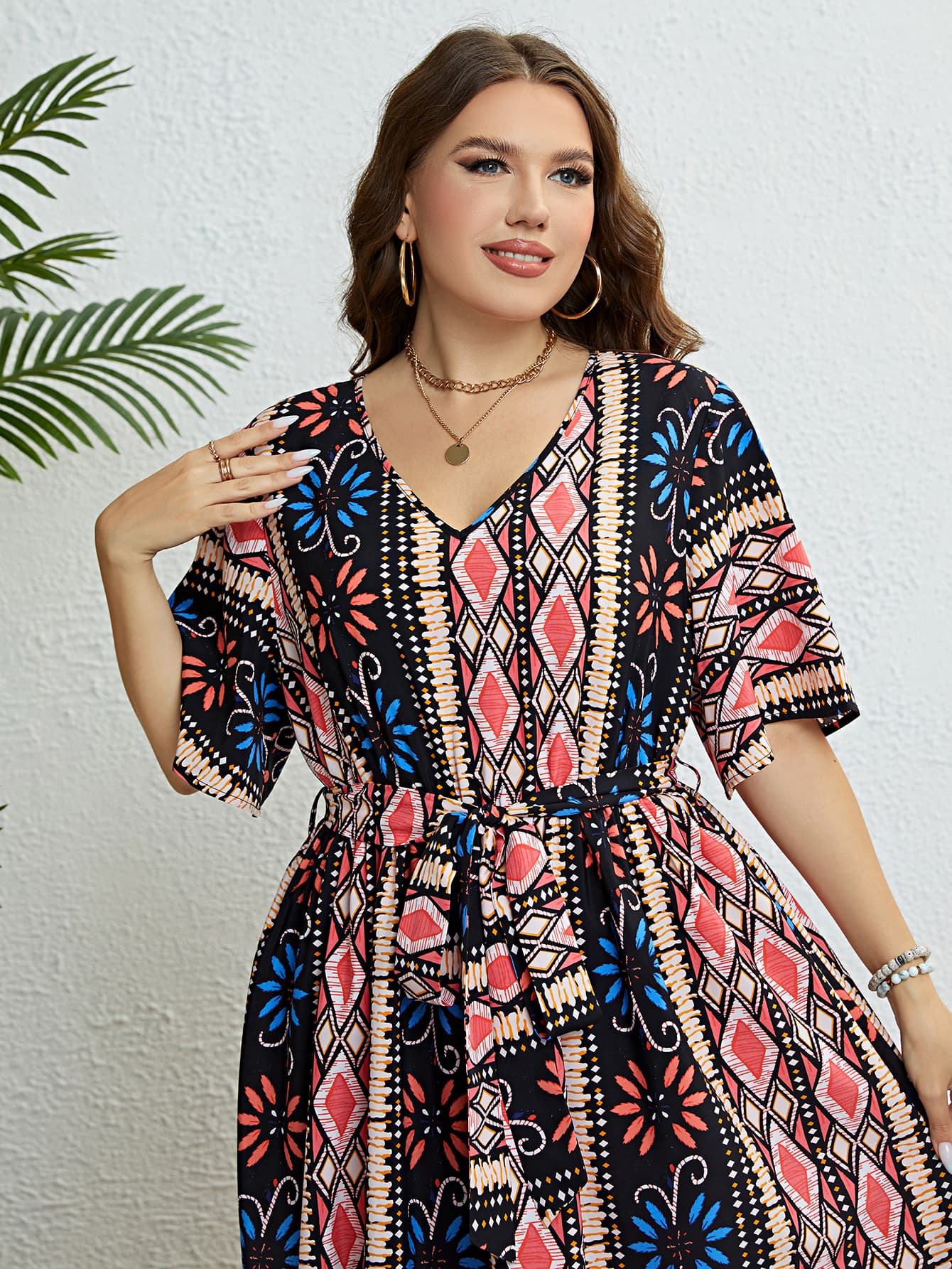 Plus Size Bohemian Tie Belt Midi Dress
