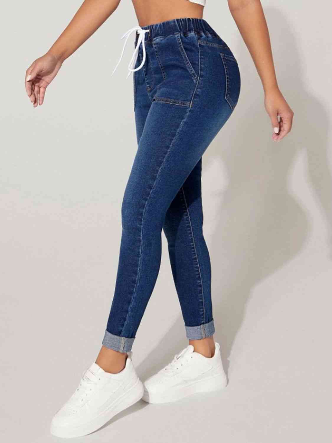Drawstring Cropped Dark Blue Stretch Jeans