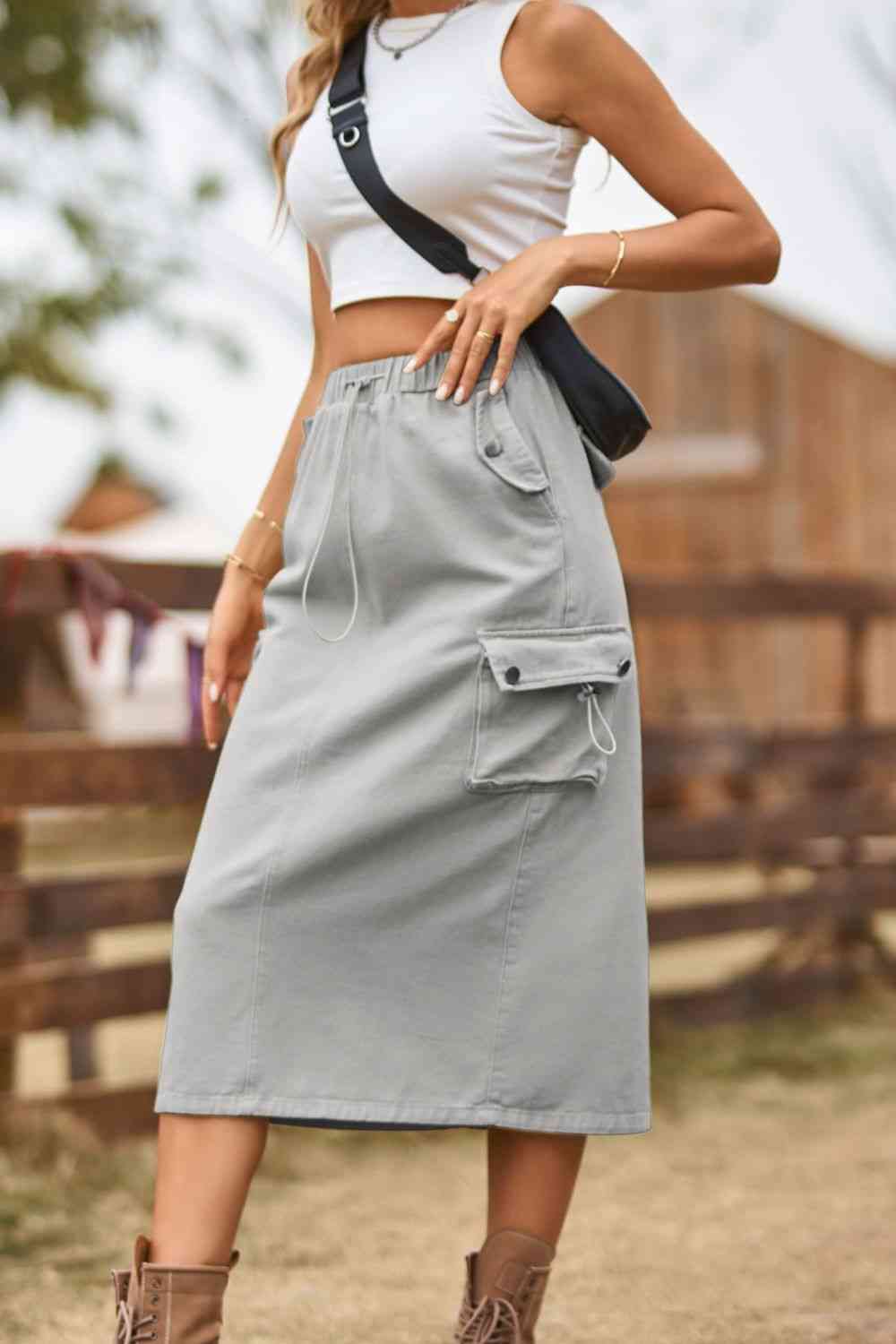 Drawstring Waist Slit Khaki Skirt