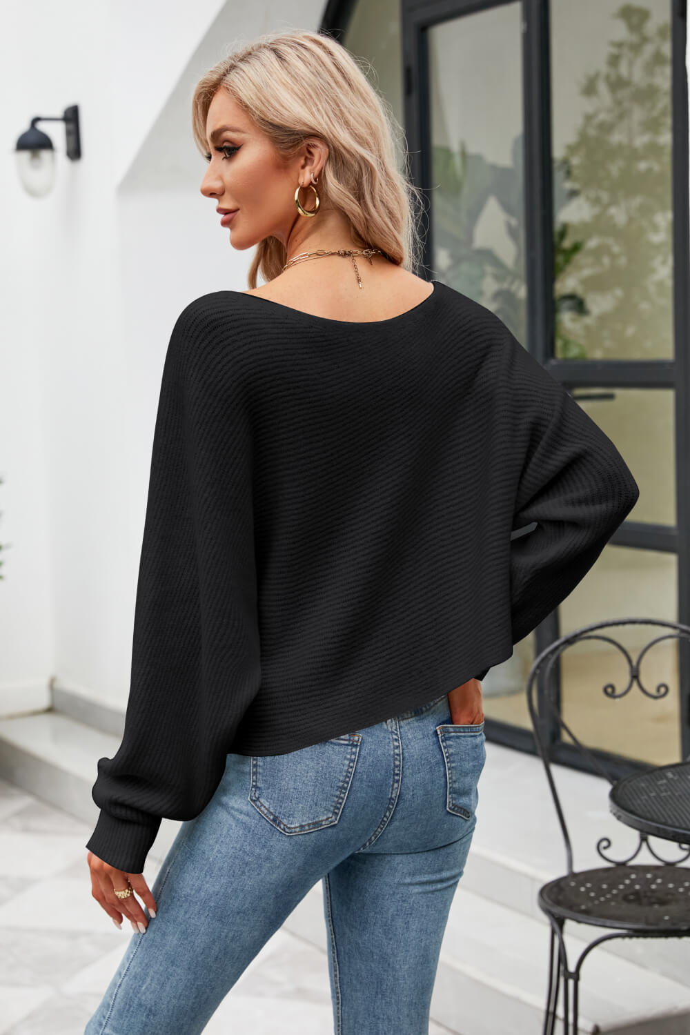 Shoulder Out Boat Neck Horizontal Ribbing Dolman Sleeve Sweater