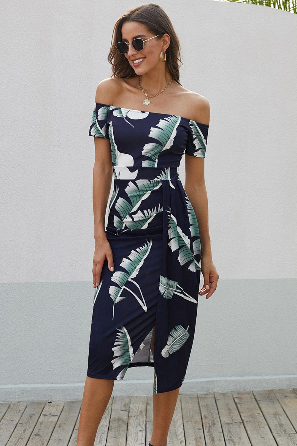 Off-Shoulder Botanical Print Dress