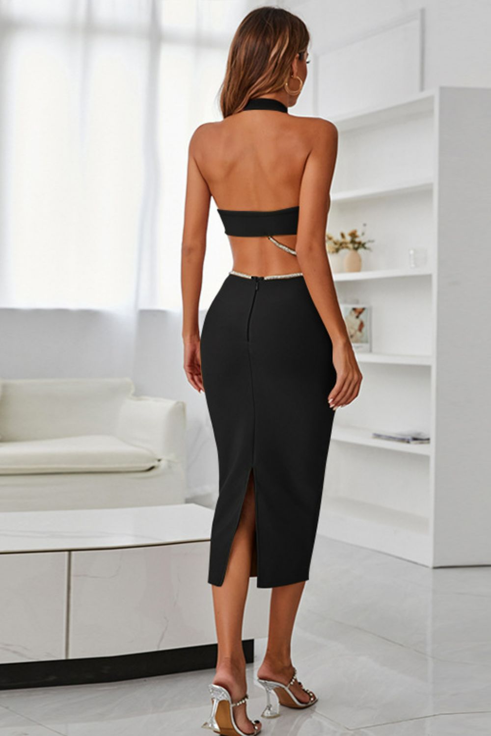 Halter Neck Cutout Slit Midi Dress