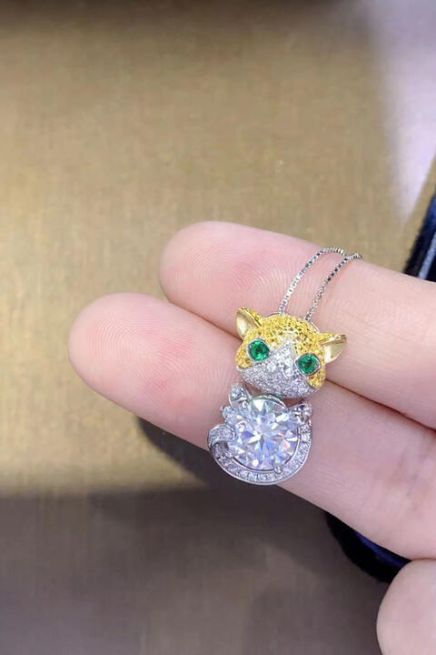 2 Carat Moissanite 925 Sterling Silver Necklace Cat Pendant