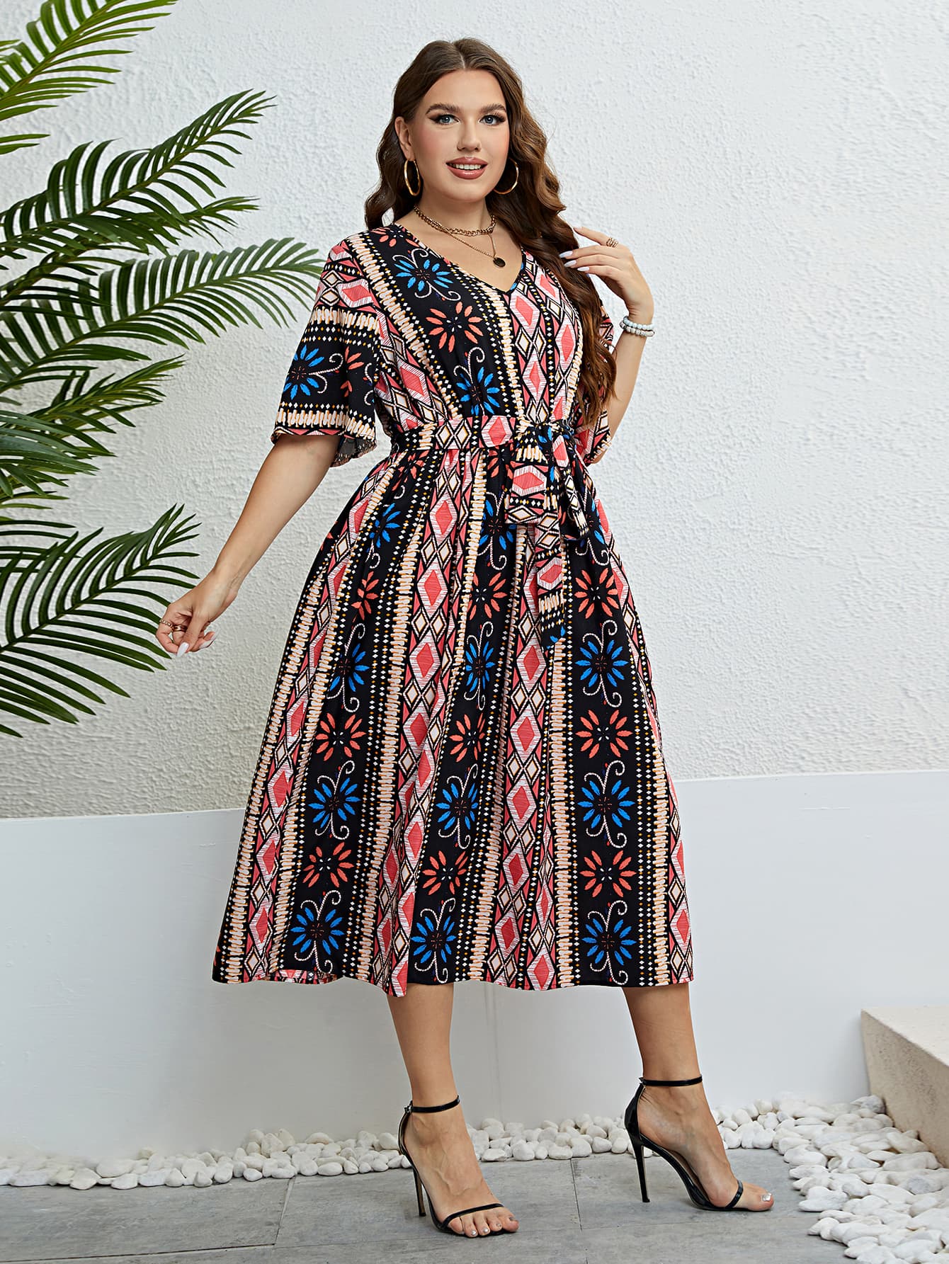 Plus Size Bohemian Tie Belt Midi Dress