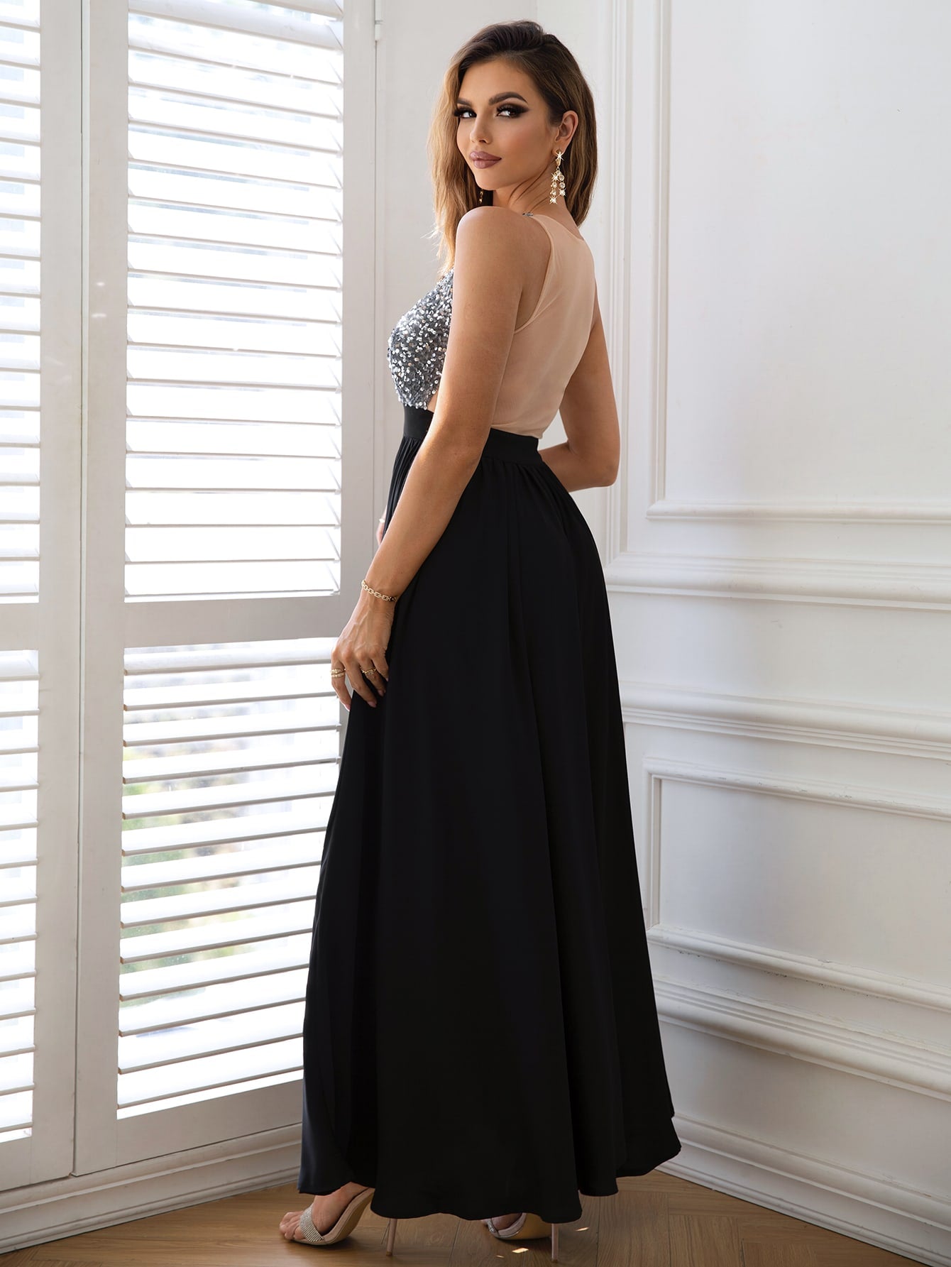 Contrast Sequin Sleeveless Maxi Gown