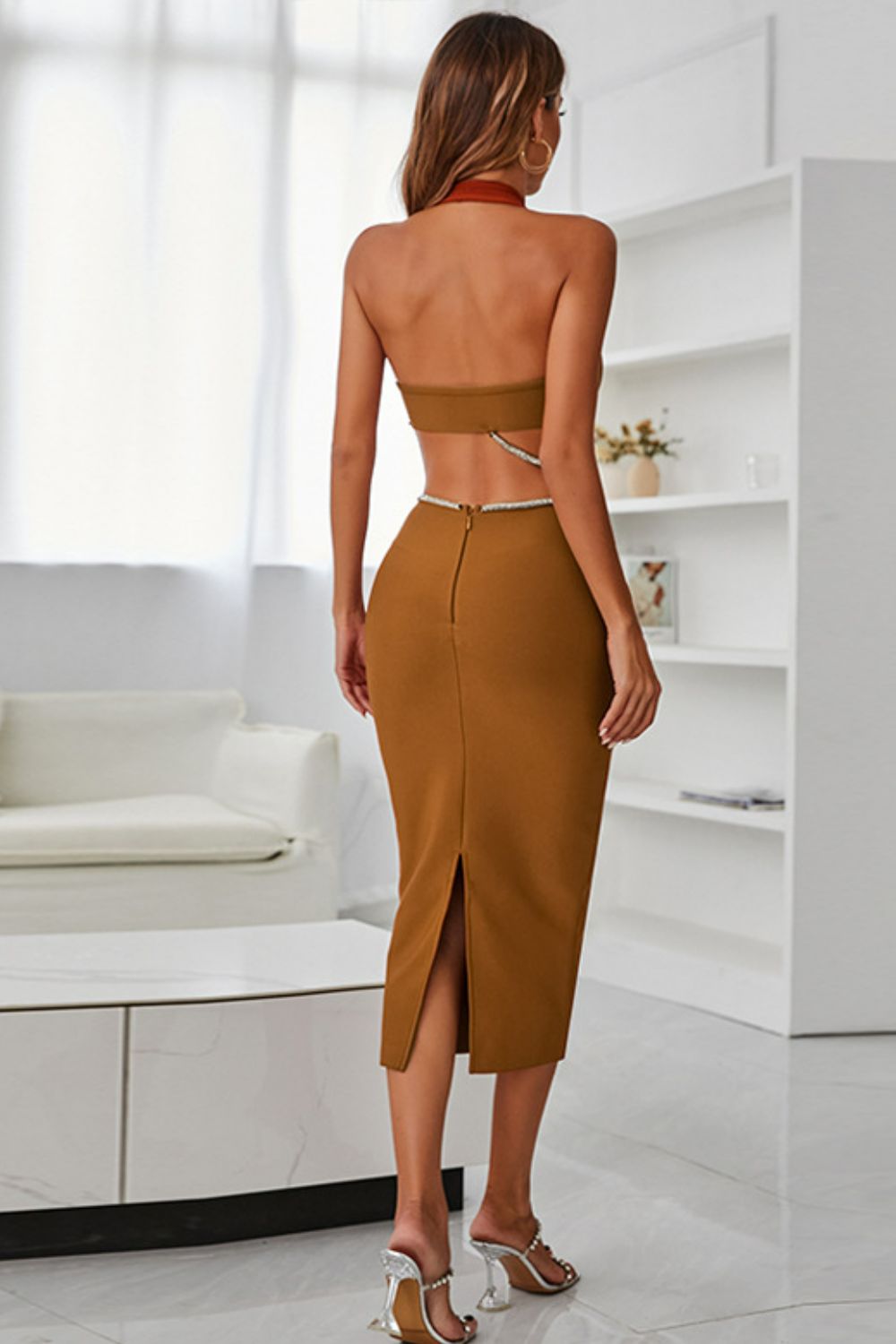 Halter Neck Cutout Slit Midi Dress