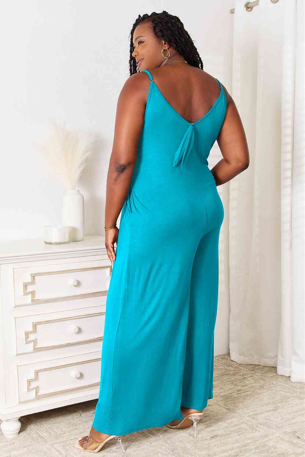 Soft Rayon Spaghetti Strap Wide Leg Jumpsuit With Pockets